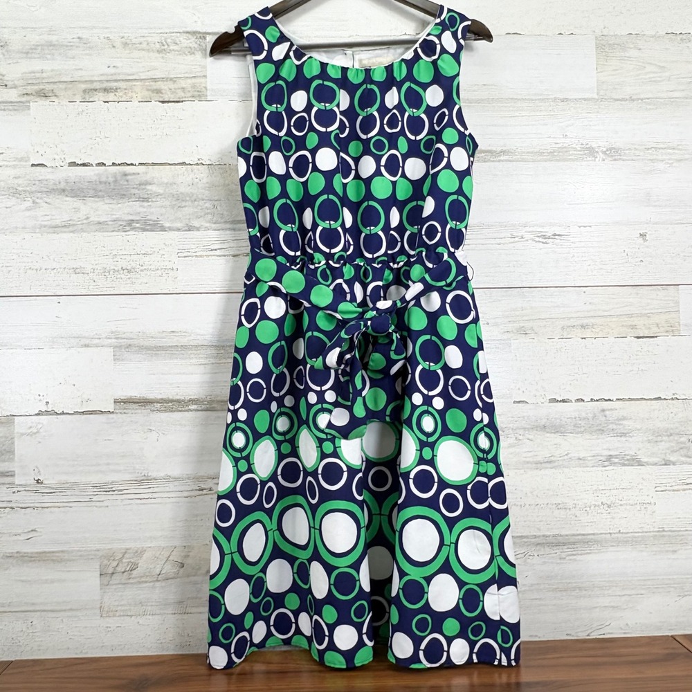 Banana Republic Navy Blue Green White Circle Print Belted Sleeveless Dress Sz6‎
